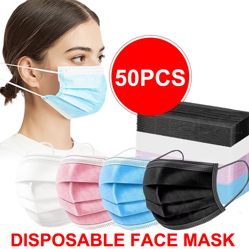 50Pcs Unisex 3-layer Mask Face - Disposable Mask Blue 评论和价格
