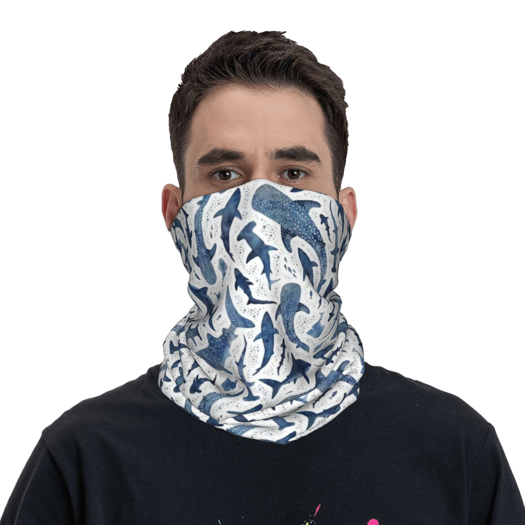 Custom Blue Watercolour Shark  - Neck Gaiter Face Cover 评论和价格